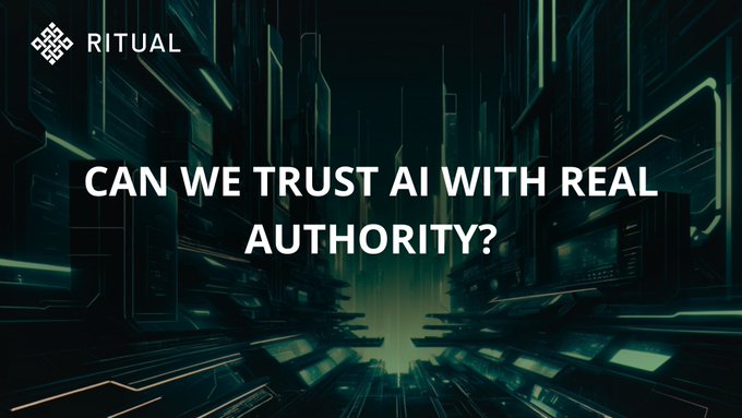A dark green, futuristic cityscape image with the RITUAL logo and the text 'CAN WE TRUST AI WITH REAL AUTHORITY?'