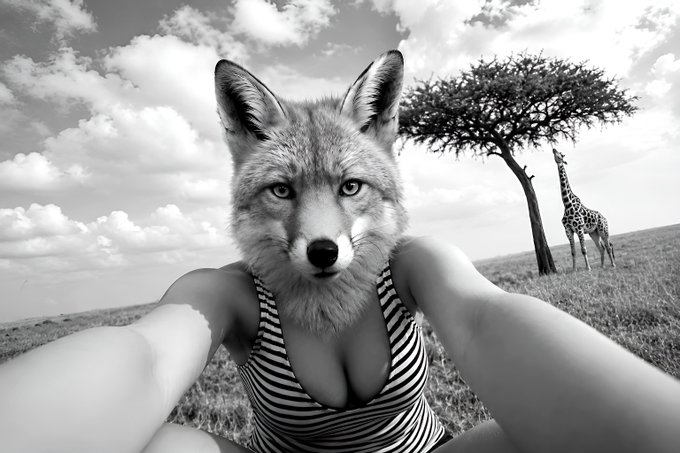 A surreal black-and-white selfie features a figure with a wolf's head wearing a striped tank top, set against an open savanna where a giraffe stands beneath an acacia tree beneath a cloudy sky, evoking the untamed "Wild Child" theme of the NFT artwork listed on objkt.com for 1.11 ꜩ.