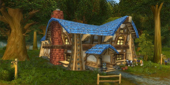 A digital artwork of a charming, stylized fantasy house with blue shingled roofs in a forest setting, resembling World of Warcraft architecture.
