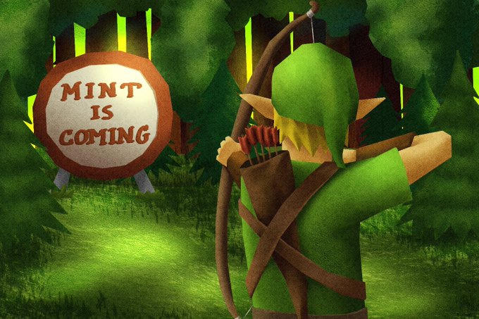 A 3D animated character in a green hood holding a bow and arrows in a forest, standing next to a sign that reads 'MINT IS COMING'.