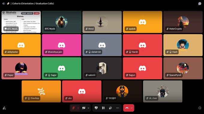 A Discord video call screen showing a Cohorts (Orientation / Graduation Calls) group with multiple participants including BTC Noob, Amid, apalk, AlterCrypto, 4blblester, bhavishya.jain, datakarsh, Harsh, Hash, Pepper, Sagar, saloni, Segun, SpacePyroE, thevirus, utv, YAS3R, and zk_river.