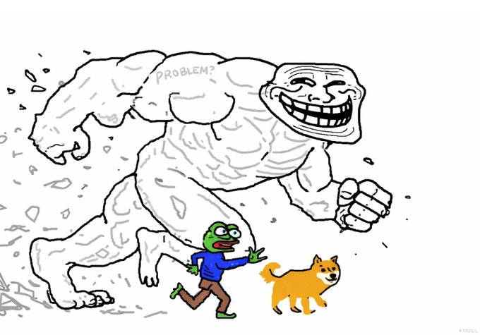 Meme image featuring a giant muscular figure labeled "PROBLEM?" chasing a Pepe the Frog character and a Shiba Inu dog.