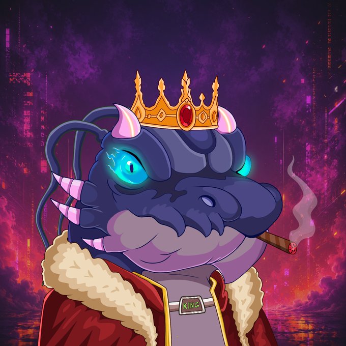 An illustrated anthropomorphic dragon wearing a golden crown, smoking a cigar, and donning a red fur-lined coat labeled 'KING' against a purple cityscape background.