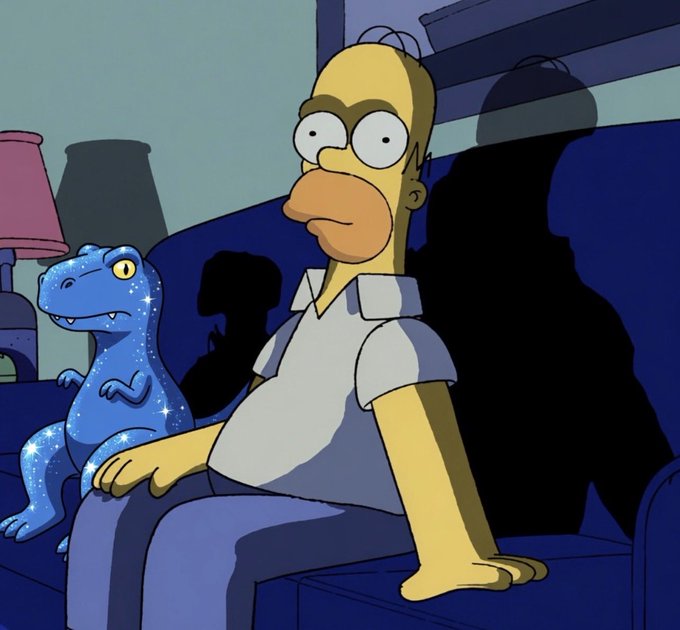 Homer Simpson sits on a couch looking shocked and conflicted while holding his glowing "Blue Star" dinosaur, symbolizing the meme "You can't ignore fefer forever" — a humorous take on resisting the temptation (or call) of the $fefer token being promoted in the post.