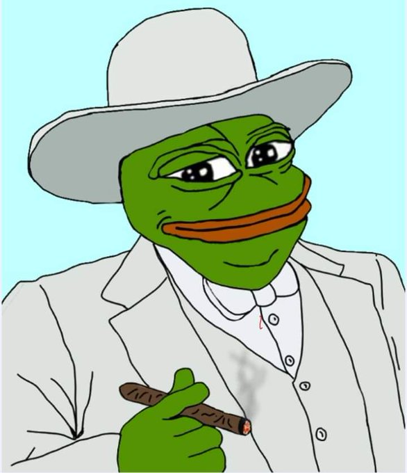 A digital drawing of the Pepe the Frog character wearing a white suit and wide-brimmed hat, smoking a brown cigar against a light blue background.