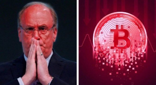 A man with glasses holds his hands together in a praying or contemplative gesture on the left, while the right side features a red-toned image of a Bitcoin coin with its distinctive "B" symbol over a digital grid background with downward arrows. The Bitcoin imagery visually reinforces the post's concern about BlackRock's $53.6M spot Bitcoin ETF outflow, symbolizing institutional sell-off pressure on $BTC.