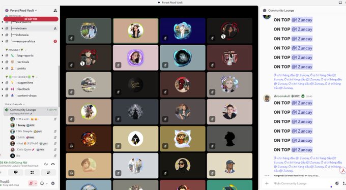A screenshot of a Discord interface showing the "Forest Road Vault" server with a grid of user profile pictures, channels like #suggestions and #webcams on the left, and a community lounge chat on the right filled with messages reading "ON TOP! @Zuncay".