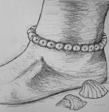 A pencil sketch displays a foot adorned with an anklet made of beads, with two seashells resting on the ground beside it, signed "IFYARTS" in the corner.