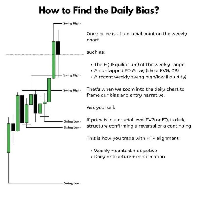An educational infographic titled 'How to Find the Daily Bias?' explains a trading strategy using a candlestick chart to identify swing highs, swing lows, and crucial points like EQ and FVG for HTF alignment.