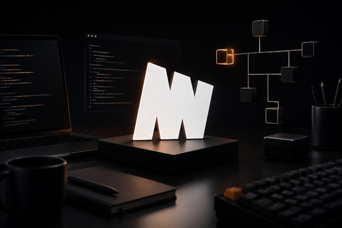 A stylized 3D render of a glowing white 'M' logo on a pedestal in a dark workspace with code-filled monitors, a keyboard, coffee mug, and floating blockchain/cube graphics.