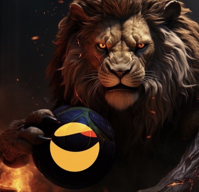 A dramatic, stylized portrait of a fierce lion with a flowing mane holding a glowing yellow and black ball, set against a fiery dark background.