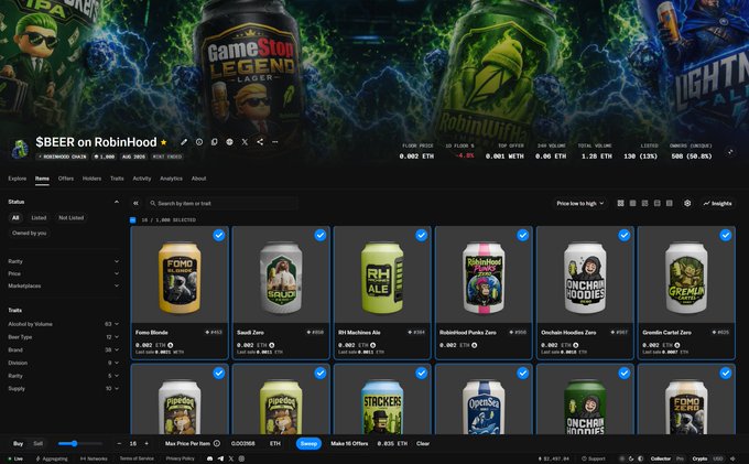 An NFT marketplace listing page on RobinHood for the '$BEER on RobinHood' collection, showing various digital beer can collectibles like 'Fomo Blonde', 'Small Farts', and 'Onchain Oddies' with their ETH prices.