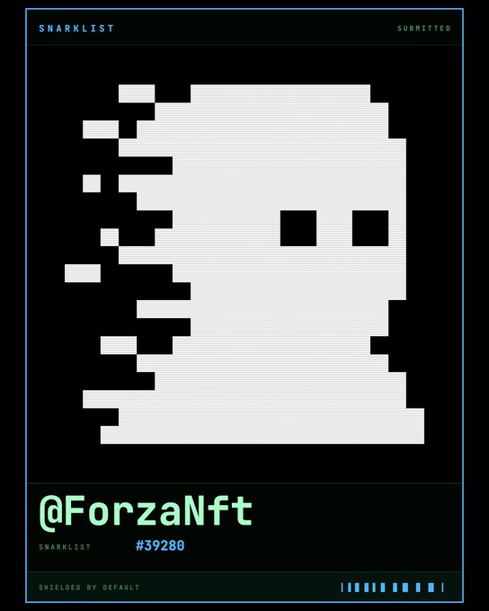 A digital trading card titled 'SNARKLIST' featuring a pixelated white ghost-like figure, labeled '@ForzaNft' with number '#39280' and 'SHIELDED BY DEFAULT' at the bottom.