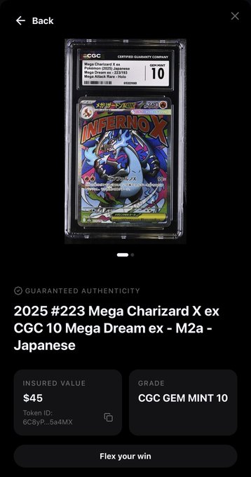 A mobile app screenshot showing a graded CGC 10 (Gem Mint) 2025 Japanese Mega Charizard X ex Pokemon card with an insured value of $45.
