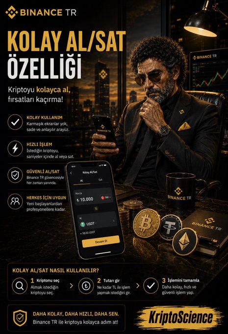 The image is a Binance TR advertisement promoting their "Kolay Al/Sat" (Easy Buy/Sell) feature, highlighting four key benefits: simple usage, fast transactions, security with Binance TR assurance, and suitability for beginners. It shows a well-dressed man checking crypto prices on a smartphone with BTC, USDT, and T coin displays, alongside a step-by-step guide showing how to buy crypto in three simple steps (choose crypto, enter amount, complete transaction). The ad aligns with the accompanying post by showcasing this beginner-friendly tool designed to simplify cryptocurrency trading on the Binance TR platform.