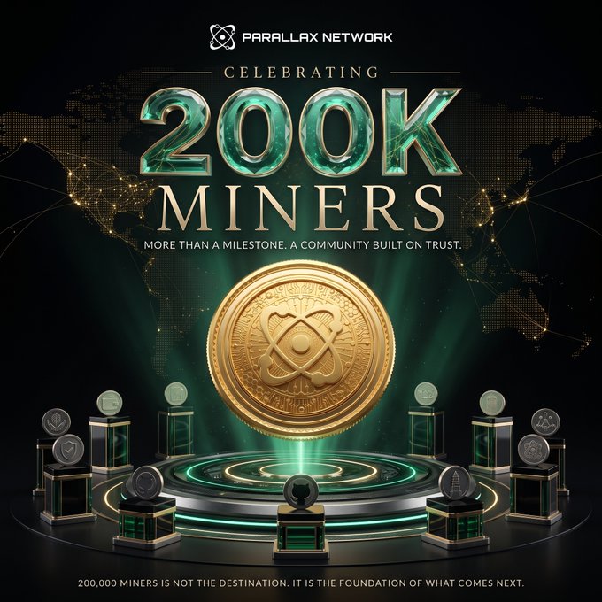 A celebratory graphic from Parallax Network announcing the achievement of 200K miners, featuring a large glowing "200K MINERS" headline above a golden emblem coin displayed on a lit pedestal, with the tagline "200,000 MINERS IS NOT THE DESTINATION. IT IS THE FOUNDATION OF WHAT COMES NEXT." The image visually reinforces the post's milestone announcement, emphasizing community growth and trust as the foundation for the network's future.