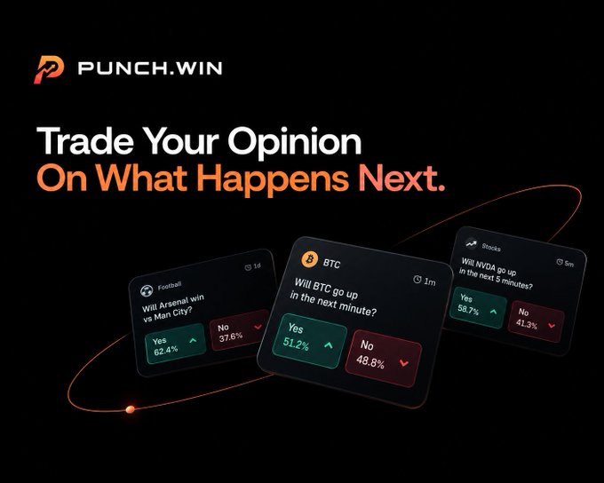 A promotional graphic for PUNCH.WIN with the headline 'Trade Your Opinion On What Happens Next,' showing prediction cards for football (Arsenal vs Man City), BTC price movement, and Nvidia stocks.