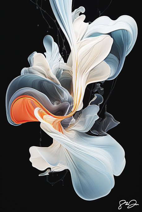 An abstract digital artwork featuring flowing, petal-like forms in white, blue, and orange against a black background, signed in the bottom right corner.