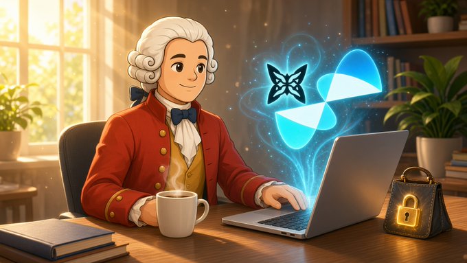 A digital illustration of a historical figure with a white powdered wig and red coat sitting at a desk, using a laptop with a glowing blue butterfly-like graphic emerging from it.