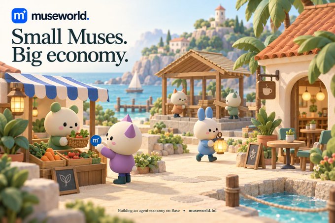 A promotional advertisement for 'museworld' with the tagline 'Small Muses. Big economy,' depicting cute round mascot characters in a Mediterranean coastal village setting, with 'Building an agent economy on Base • museworld.io' at the bottom.