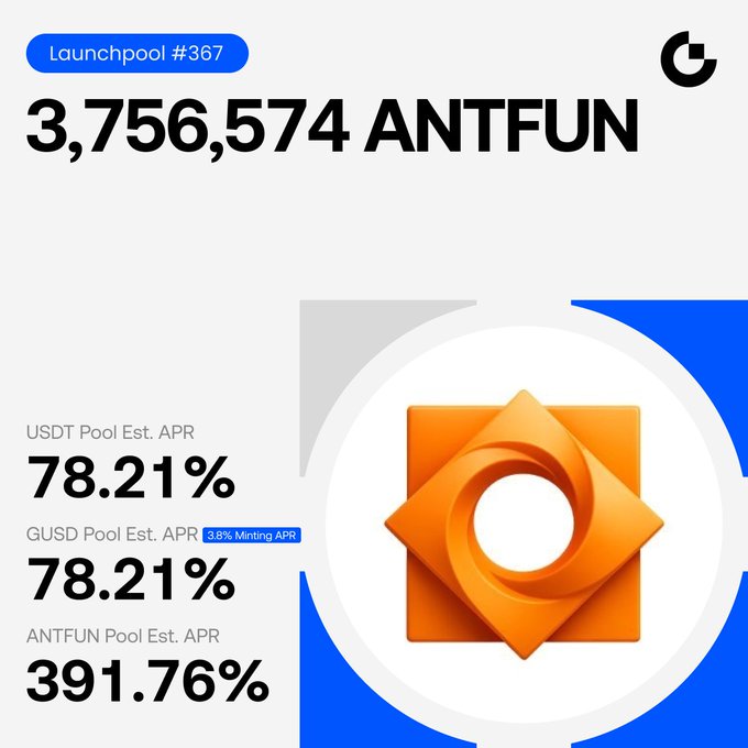 A cryptocurrency launch pool advertisement for ANTFUN (#367) showing USDT Pool APR 78.21%, GUSD Pool APR 78.21%, and ANTFUN Pool APR 391.76%, with an orange 3D logo.