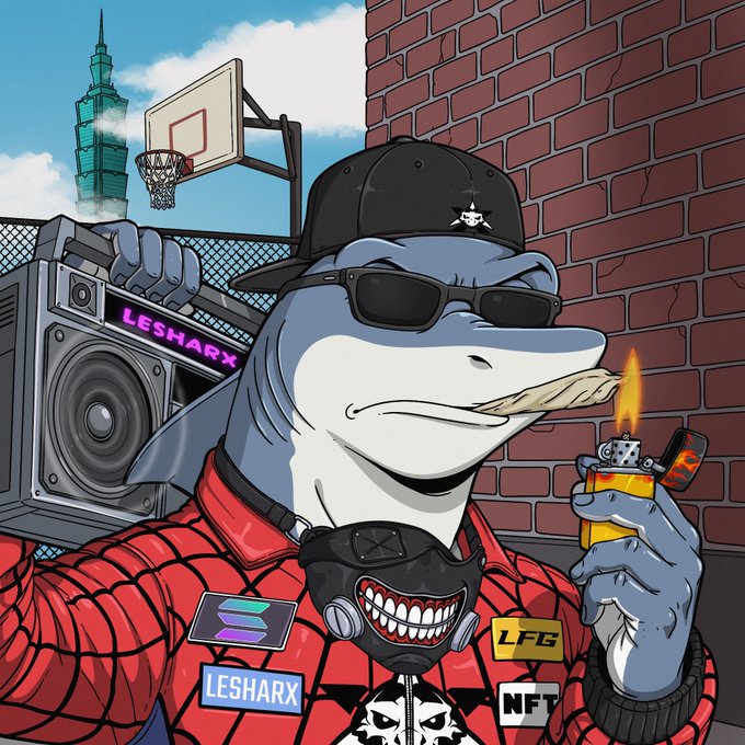 A cartoon illustration of an anthropomorphic shark character wearing sunglasses, a baseball cap, and a red jacket with 'LESHARX' and 'LFG' patches, holding a boombox and a lighter while standing near a brick wall with Taipei 101 in the background.