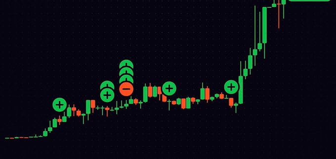 A candlestick stock chart with green upward trend candles, overlaid with green plus-sign emoji icons and one red minus-sign icon along the price action.