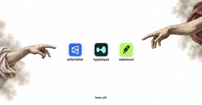 A parody of Michelangelo's 'Creation of Adam' featuring the logos for Polymarket, Hyperliquid, and Robinhood in the center between the two reaching hands, with 'boye_eth' written at the bottom.