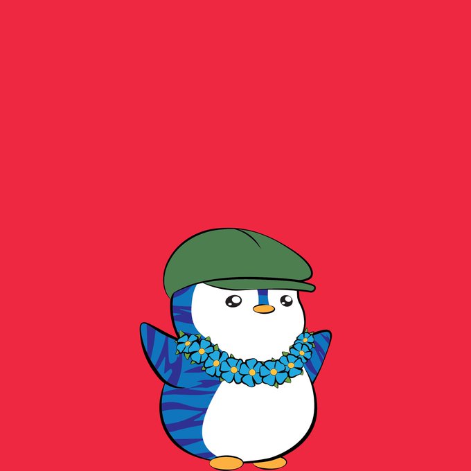 A cartoon penguin wearing a green cap and a blue flower lei stands against a bright red background. The penguin resembles the Pudgy Penguins NFT style, aligning with the post's mention of possibly acquiring a Pudgy Penguins PFP as the character joins the LilPudgys community.