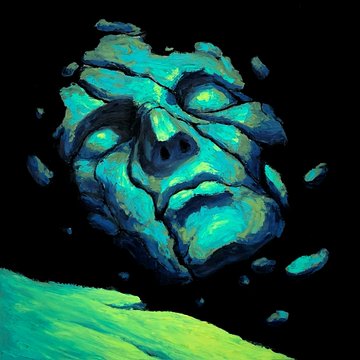 A digital painting of a fractured blue and green rocky face or mask floating against a black background.