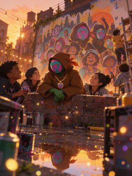 Vibrant digital art showing a hooded figure with a bear mask sitting on a brick ledge with three children in front of a colorful mural, with glowing lanterns and city buildings at sunset.