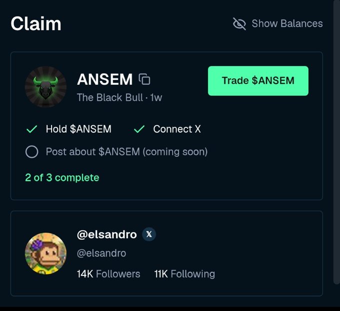 Dark-themed claim interface showing an ANSEM token task ('The Black Bull • 1w') with 2 of 3 requirements complete, a 'Trade $ANSEM' button, and an X account preview for @elsandro with 14K followers.