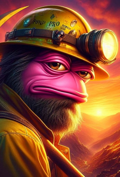 A digital illustration of a pink-skinned, bearded creature wearing a yellow mining helmet with a headlamp, set against a dramatic orange sunset landscape.