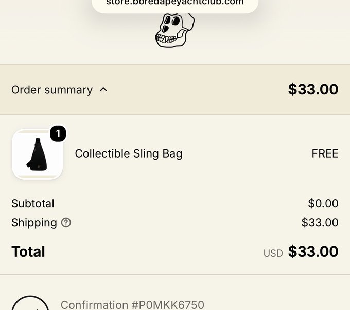 An order summary from store.boredapeyachtclub.com showing a 'Collectible Sling Bag' as a free item with $33.00 shipping, totaling $33.00.