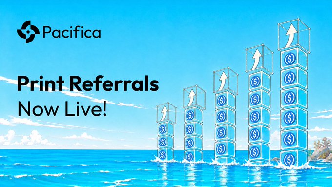 The image is a promotional graphic for Pacifica announcing that "Print Referrals" are "Now Live!" It features the Pacifica logo in the top left corner, while the right side shows an ascending staircase of blue cubes—each displaying either a dollar sign or an upward arrow—rising out of the ocean against a bright, sunny sky, visually symbolizing the growth and financial rewards of the new referral program.