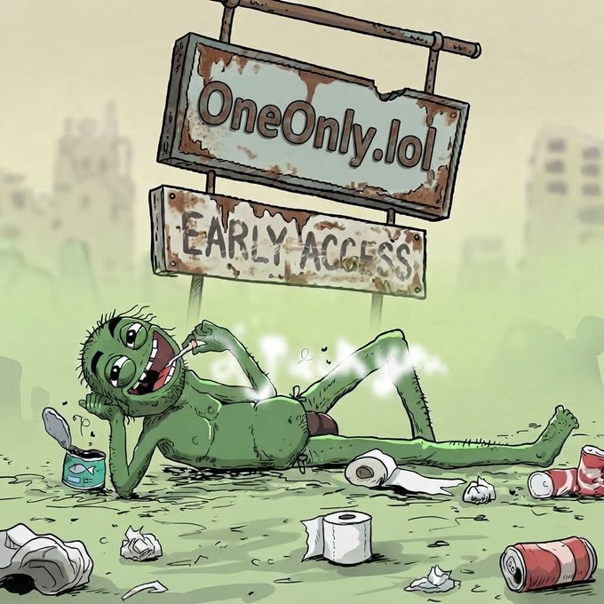 A cartoonish green figure lounges lazily beneath a rusty sign reading "OneOnly.lol" and "EARLY ACCESS," surrounded by trash like empty cans, discarded cups, and crumpled paper—fittingly matching the post's reference to a crude, low-effort memecoin ("Memefi Era") launching on Solana in early access.