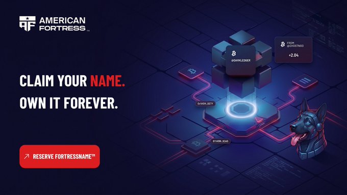 The image is a promotional graphic for American Fortress featuring the text "CLAIM YOUR NAME. OWN IT FOREVER." with a "RESERVED FORTRESSNAME™" button, alongside a stylized digital illustration of interconnected blockchain cubes labeled with functions like "LEDGER," "KEYS," and "XCA," showing a "FROM @GOOSTHEOG +2.04" transaction.

It visually supports the post's message by illustrating how FortressName™ replaces complicated wallet addresses with simple, personalized crypto usernames, making transactions cleaner and more human-readable.