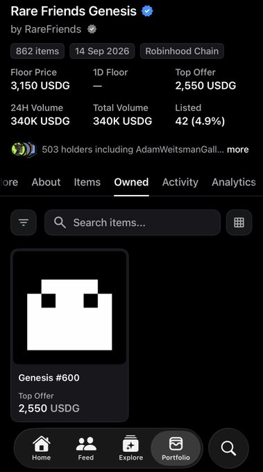 A mobile app screenshot for a "Rare Friends Genesis" collection, showing a floor price of 3,150 USDG and a "Genesis #600" item with a top offer of 2,550 USDG.