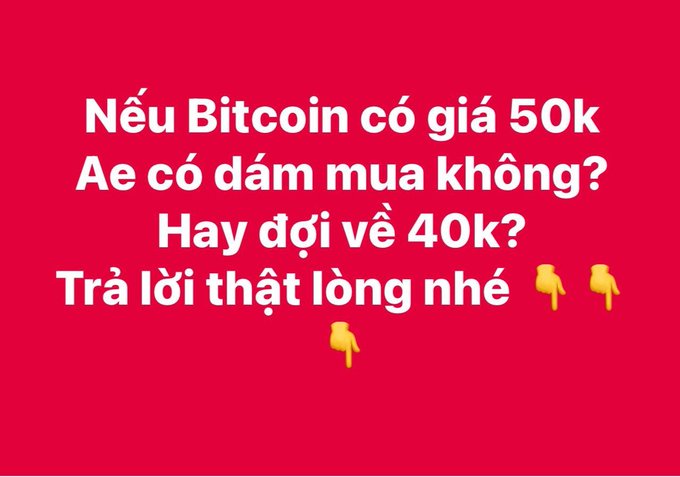 Red background graphic with Vietnamese text asking 'If Bitcoin costs 50k, do you dare buy it? Or wait for 40k? Answer honestly' with pointing down emojis.