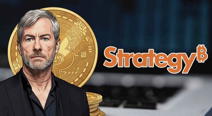 A stylized illustration shows a gray-haired, bearded man in a black suit positioned in front of a large golden Bitcoin coin, alongside the orange "Strategy" logo with a Bitcoin symbol. The image relates to the post by depicting the figure associated with Strategy (formerly MicroStrategy) while highlighting that the company missed a prime Bitcoin buying opportunity during BTC's impressive weekly surge of $16,000, opting instead to raise $2 billion in capital.