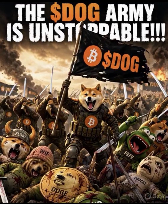 A meme-style image with the text 'THE $DOG ARMY IS UNSTOPPABLE!!!' depicting an army of Shiba Inu and other crypto mascot characters (DOGE, FLOKI, WIF, PEPE, POPCAT) in battle gear, with a leader holding a '$DOG' Bitcoin flag.