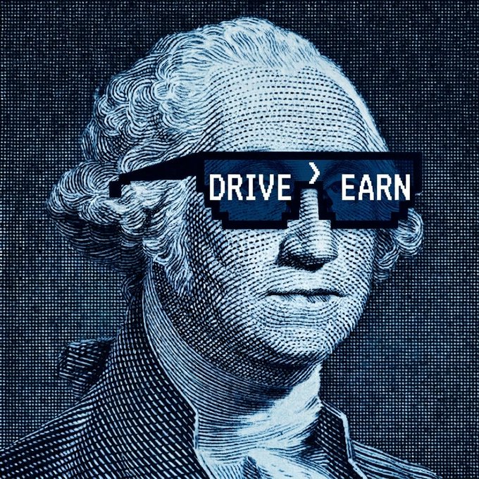 A stylized blue-tinted portrait of George Washington wearing pixelated sunglasses displaying "DRIVE > EARN," visually reinforcing the post's message about cars generating income through $DTEC.