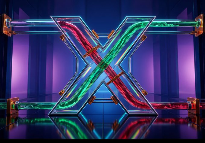 The image shows a stylized "X" logo, the symbol for the HEX cryptocurrency, with glowing red and green tubes crossing through it against a dark, neon-lit background, fitting with the post's promotion of PulseChain and HEX-related streaming content on rhmax.tv.