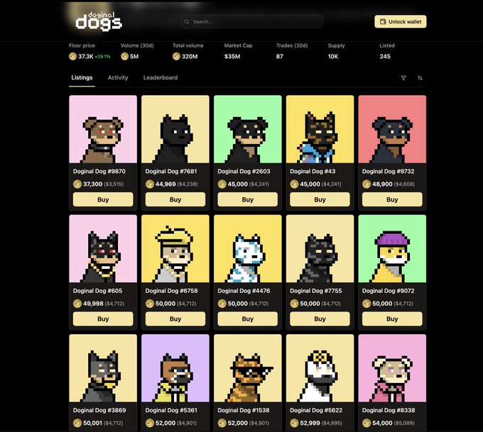 A crypto NFTs marketplace called 'doginal dogs' displays pixel-art dog collectibles listing prices, market stats, and Buy buttons for various editions.