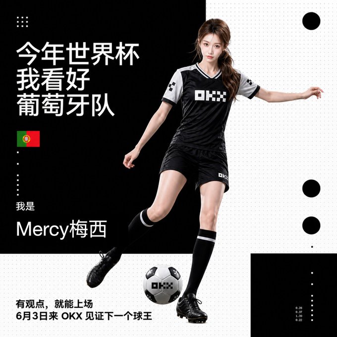 The image features a woman dressed in black and white soccer uniform, standing next to a soccer ball with her leg raised. The background of the image has a patterned design that includes elements from the OKX exchange platform, such as logos or text related to OKX exchange. This suggests that the post might be promoting an OKX exchange or discussing its features in some way.