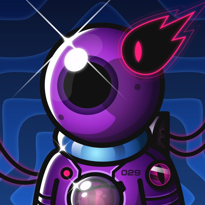 A purple robot character with a large black eye, glowing white pupil, and a pink flaming meteor orbiting its head, labeled '029' on its chest.