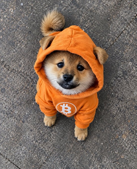 A small Shiba Inu dog wearing an orange Bitcoin-logo hoodie looks up at the camera while standing on a concrete surface.