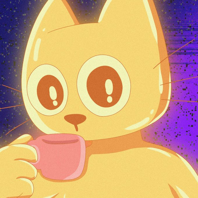 A digital illustration of a wide-eyed yellow cartoon cat holding a pink mug against a purple starry background.