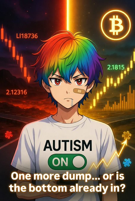 An anime-style illustration of a character with rainbow-colored hair wearing an 'AUTISM ON' t-shirt, set against a backdrop of falling financial charts and a glowing Bitcoin logo, with text reading 'One more dump... or is the bottom already in?'