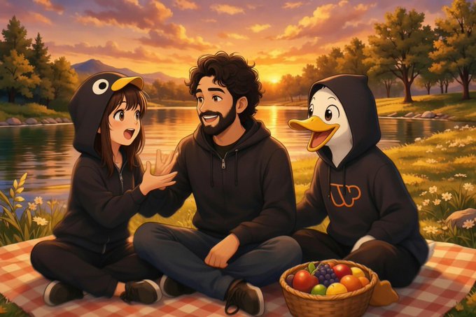 The image features a man sitting with two women on a blanket near a body of water. They are all dressed in black clothing, which adds to the overall dark theme of the scene. The woman has her hand on the man's shoulder while they all sit together, and there is an assortment of fruits placed nearby. The post seems to be discussing the importance of small moments that build up real presence in Web3, as opposed to a single big moment.